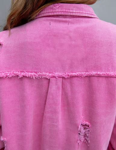 LifeShe Women's Denim Jacket Oversized Button Down Jean Shirts Shacket Ripped Distressed Frayed Coat 7