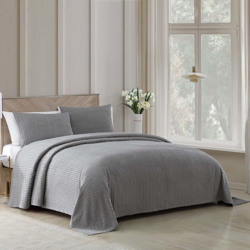 1 Piece Lightweight 100% Cotton Tufted Chenille Bedspread Queen Size Textured Channel Stripe Design | All Seasons Dark Grey Color Shabby Chic Bedding Western Aesthetic Look Soft Plush Cozy