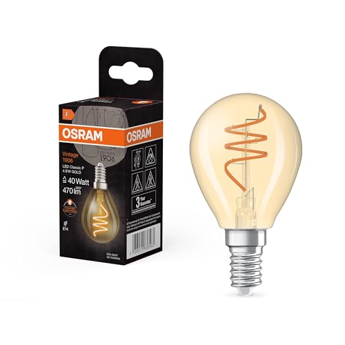 OSRAM Vintage 1906 Classic is a Warm White LED lamp with Spiral Filament in Classic mini Ball Shape, offering 4.9 W, 470 lm, E14 Fitting, Gold Glass, 45 mm Diameter, 2200 K.