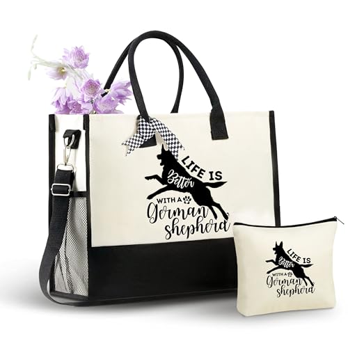 InnoBeta German Shepherd Gifts for Women Canvas Tote Bag, German Shepherd Bag with Top Zipper Closure and Shoulder Strap for Birthday, Mother's Day, Christmas - LIfe Is Better