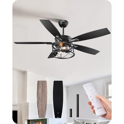 EDISHINE 52" Black Farmhouse Ceiling Fans With Lights, Remote Control, Dimmable, Reversible DC Motor, 5 Wooden Blades Rustic Indoor/Outdoor Ceiling Fan for Living Room Bedroom Porch Black &
