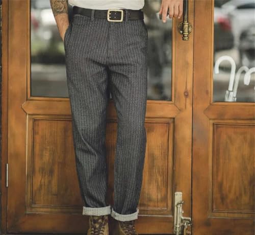 Men's Vintage Gray Vertical Stripe Jeans Mid-Rise Straight Tapered Fit Casual Cotton Pants2