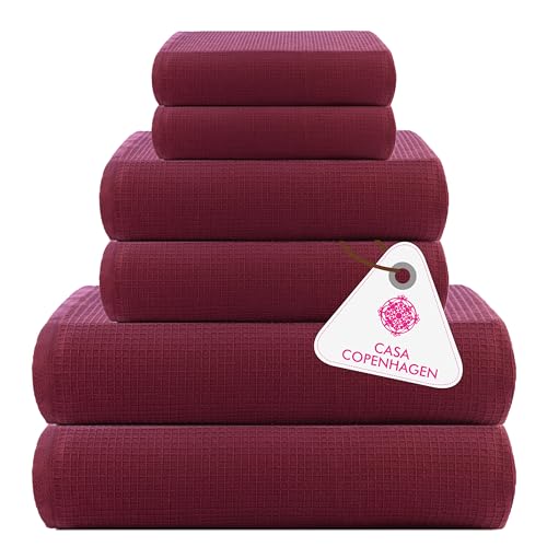 Image of Casa Copenhagen, Egyptian Cotton - Waffle Terry Towel 6 Piece Set, Includes 2 Bath Towels 2 Hand Towels 2 Washcloths - Burgundy