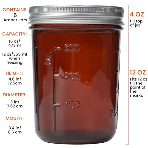 Image of KORCCI Amber Glass Mason Jars 16oz - 6 Pcs Wide Mouth Mason Jars With Lids And Bands. Empty Candle Jar, Food Storage Containers, Canning Jar For Canning, Fermenting, Pickling, Jar Decor.