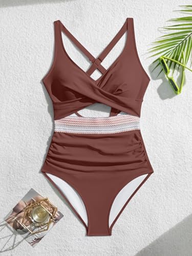 Image of B2prity Women's One Piece Swimsuit Tummy Control High Waisted Bathing Suit | Color Block,Removable Soft Cups,Cutout,V neck,Full Coverage,Adjustable Criss Cross Straps,Tie Back