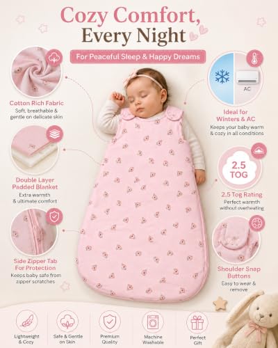 Image of TuddyBuddy Baby Cotton Wearable Quilted Sleeping Bag Blanket 1.5 Tog with 1 Way Zipper Closure | Ideal for Babies & Kids Hypoallergenic Fabrics | (Roses AOP - Pink, 0-6 Months)