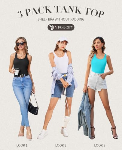 V FOR CITY Racerback Tank Tops for Women with Shelf Bra Cotton Wide Strap Camisole Yoga Cami Shirts 3 Pack2