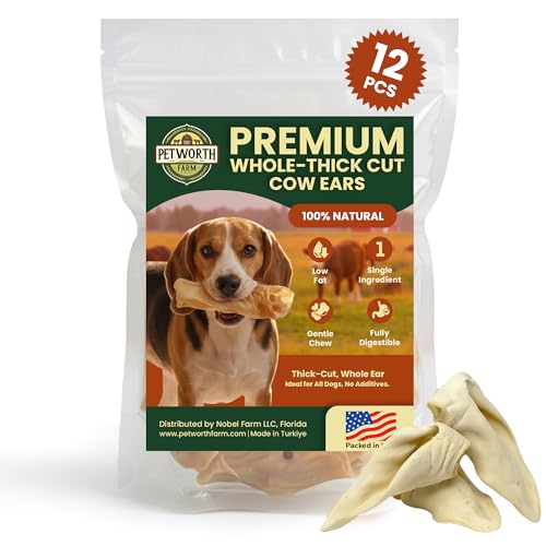 Petworth Farm 12 Pack Hairless Cow Whole Ears for Dogs Thick Cut -Single Ingredient Natural Chews Rawhide Alternative Dog Treats Low Fat Crunchy Dental Chews for All Breeds