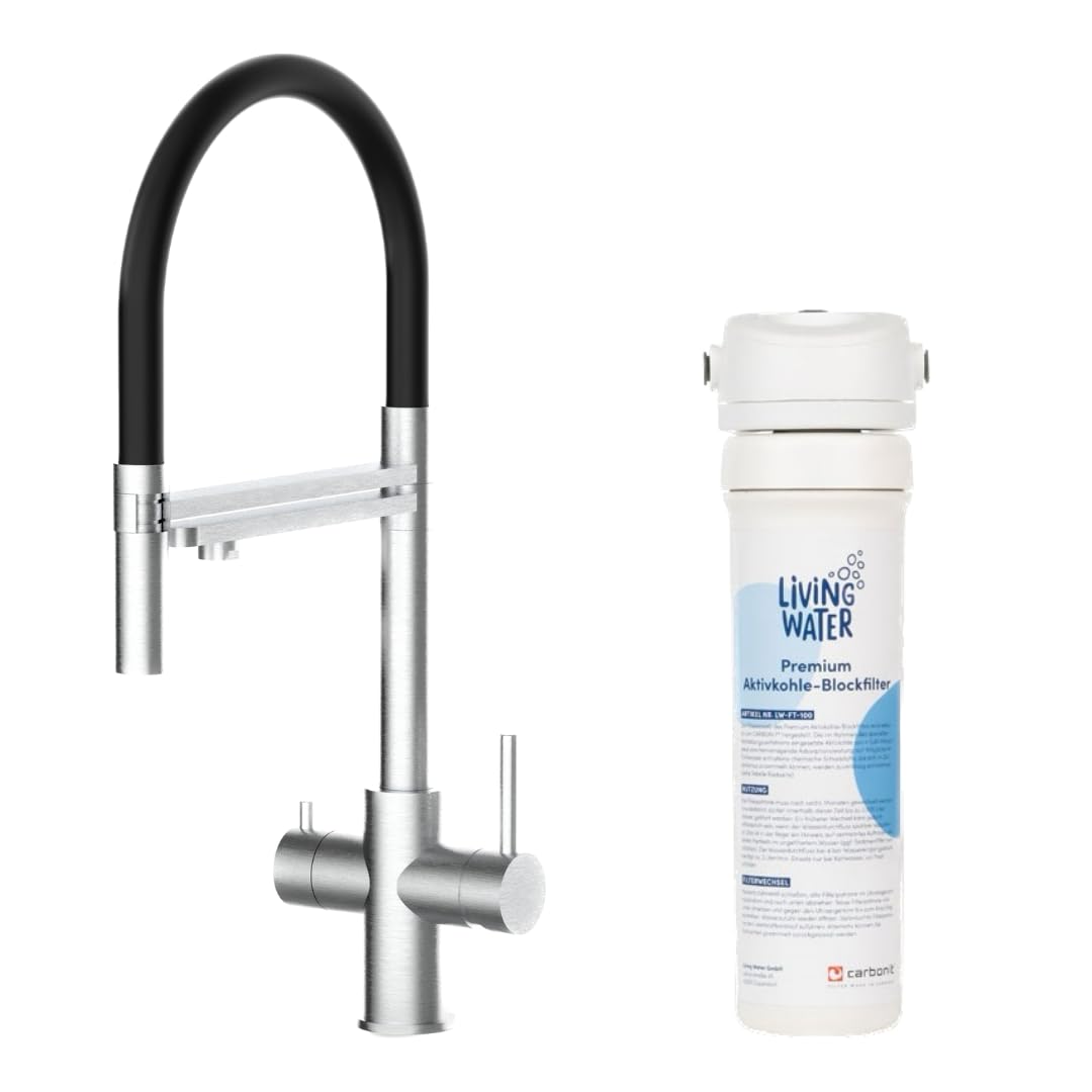 Living Water Wasserfilteranlage, Untertisch-Wasserfilter-Wasserhahn mit 3-Wege-Edelstahl-Armatur, LivingTap Basic Wasserspender mit Brause-Auslauf