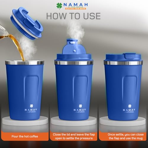 Image of Namah Insulated Coffee Mug Travel with Lid 380ML Stainless Steel Coffee Tumbler Cup for Office & Home, Leak Resistant Matte Finish Hot & Cold Travel Coffee Mug for Men & Women Gift (Ocean Flex)