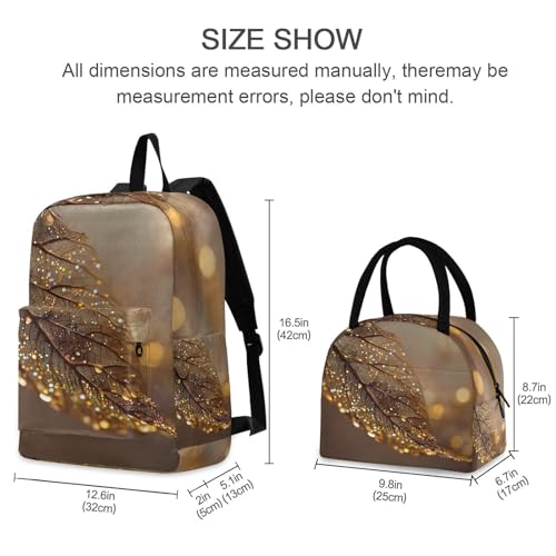Backpack Lunch Box Set Large Capacity Travel Backpacks and Insulated Lunch Bag for Commute Hiking Picnic Bronze Leaf Print2