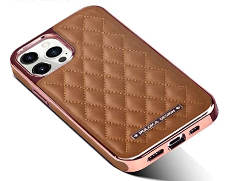 Image of PULOKA iPhone 12 /12 Pro Electroplated Leather Case Royal Diamond Design Back Cover for Apple iPhone 12 /12 Pro 6.1 inchinch - Brown