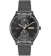 BOSS Masculino Tyler Preto Banhado Iônico Caixa de Aço Inoxidável e Pulseira de Malha, Minimalismo Moderno, Mu...