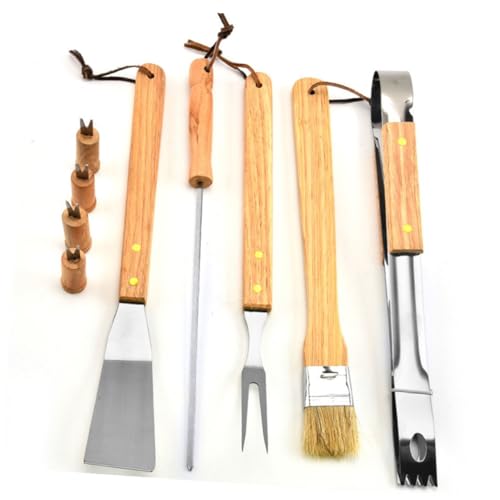 Set portátil de 10 piezas para asador con mangos de madera y acero inoxidable miniatura 5