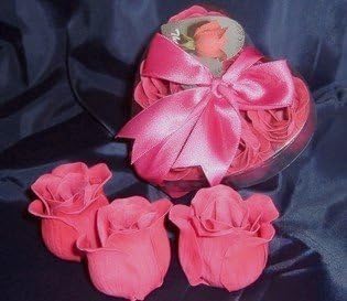 IGC Scented Rose Shaped Soaps in Heart Box - Hot Pink (Set of 12) with Satin Ribbon & Thank You Card - Wedding Favors