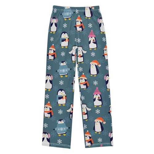 Christmas Penguins Snowflake Boys Long Pants Soft Trousers Elastic Waist Kids Lounge Bottoms with Pockets S-XL