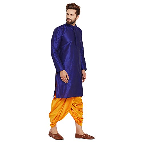Image of SOJANYA (Since 1958 Men's Off-White and Gold Dupion Silk Dhoti Kurta Set