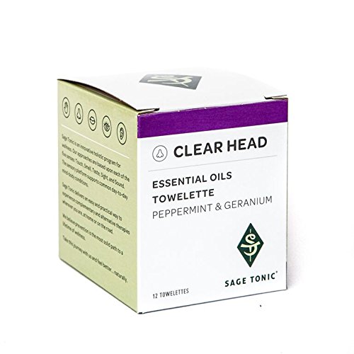 Sage Tonic Clear Head Essential Oils Towelette -Peppermint & Geranium - Creates Stability & Balance, Cleansing, Individually Wrapped, Wet Wipes