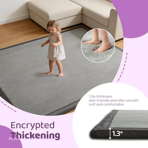 Image of Baby Play Mat for Floor, 1.3 Inch Thick Memory Foam Tummy Time Mat with Non Slip Backing, Soft Coral Velvet 59X79 Inch Playpen Mat Crawling Tatami for Infants Toddlers Kids, Dark Gray