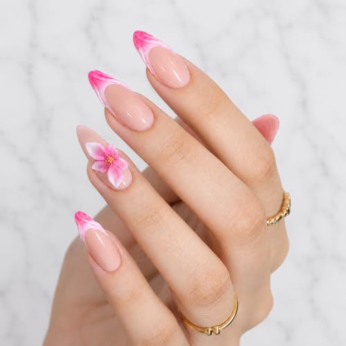 Image of Secret Lives Pink French Tip Press-On Nails, Nude Pink Almond Fake Nails with 3D Flower Golden Accents Artificial Nail Art, 24-Piece Set with Kit