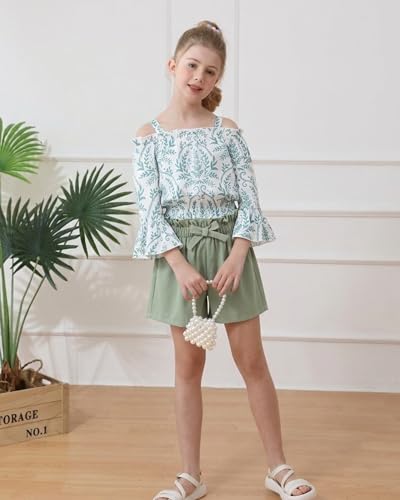 Image of Weebaby Girls Clothes 2 Piece Outfits Cute Kid Clothes Crop Top Paperbag Waist Shorts Set Summer Clothes for Tween Girls