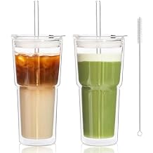 KEMORELA 2PCS 20oz Double Wall Glass Tumblers with Lids and Straws Insulated Borosilicate Glass Matcha Cups for Iced Matcha Latte, Smoothies, Reusable Travel Glass Cups Leak Proof 2-in-1 Lid