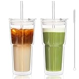 KEMORELA 2PCS 20oz Double Wall Glass Tumblers with Lids and Straws – Insulated Borosilicate Glass Matcha Cups for Iced Matcha Latte, Smoothies, Reusable Travel Glass Cups – Leak Proof 2-in-1 Lid