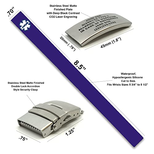 Medical Id Bracelets For Men Purple Sport: Laser Engraved - Hypoallergenic Waterproof Silicone, Free Standard Shipping, Emergency Medical Card Included. #TOP1