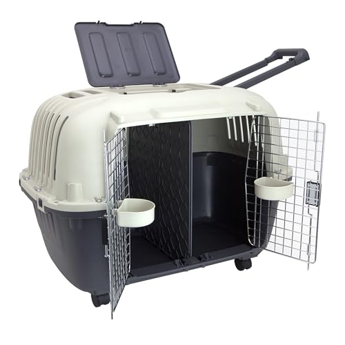 Image of SportPet Airline Compliant 2-Door Large 34.5 inch Travel Dog Kennel - Durable Plastic Pet Carrier w /Divider, Wheels, & Bowls, Collapsible Indoor /Outdoor Dog Kennel, Dogs up to 28 inch L & 20 inch H - Cream /Gray