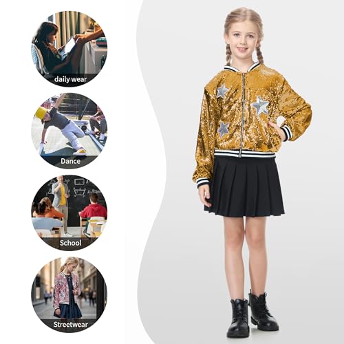 Image of LOLANTA Girls Sequin Jacket, Long Sleeve Kids Bomber Coats with Pockets, Spring Fall Outfits for 4-15 Years