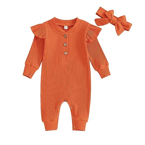 Image of Newborn Baby Girl Solid Romper Clothes Long Sleeve Ribbed Onesie Bodysuit Infant Knitted Jumpsuit Headband Outfits