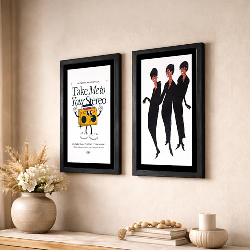 Image of NoWorries Retro Music and Fashion Disco Art Wall Painting | Vintage Stereo Quote & Dancing Silhouette Posters Frames | Premium 300 GSM Paper Print with Synthetic Wooden Frame | Modern Aesthetic Wall Decor for Living Room, Bedroom, Music Room & Office (Set of 2) (BLACK, ART-6, 13X19INCHES)