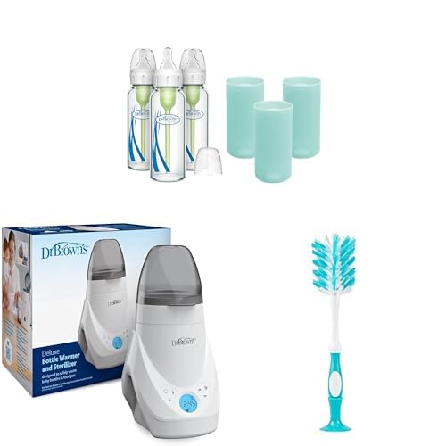 Dr. Brown's Anti-Colic Options+ Narrow Glass Baby Bottles 8oz and Level 1 Slow Flow Nipple, 3-Pack 0m+ and Mint Silicone Sleeves and Deluxe Bottle Warmer/Sterilizer and Deluxe Bottle Brush Blue