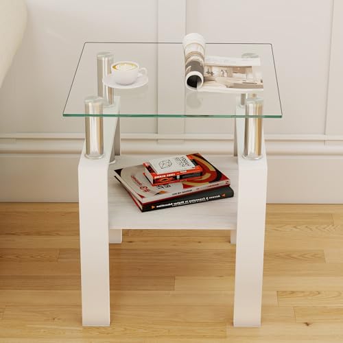 Image of Meihua Glass End Table, Square Glass Side Table, 2-Tier Modern Nightstand with Metal Legs for Living Room&Bedroom (Transparent+White, Set of 2)