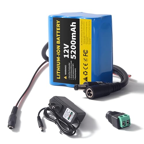12V 5200mAh Lithium Battery Pack with 12.6V 1A Charger, 12 Volt Rechargeable Battery for DIY Projects