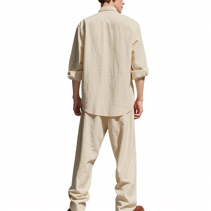 Men's Linen 2 Piece Outfit Long Sleeve Mandarin Neck Button Down Shirt with Elastic Waist Drawstring Lounge Pants Set3
