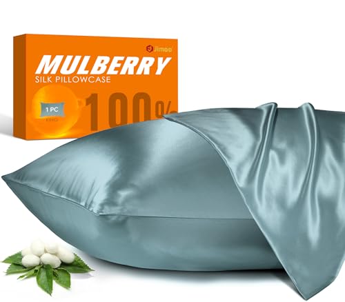 100% Mulberry Silk Pillowcase for Hair and Skin, 22 Momme Pure Natural Silk Pillow Case Both Sided with Zipper, Pillow Cover for Women Mom Men (Airy Blue, King 20''×40'')