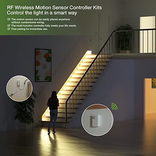 RAYZEEK Wireless Led Controller with Motion Sensor,No Wiring Mini PIR Sensor 12/24VDC RF Wireless for Led Strip Lights with Dimmable,Timer for Stairway(1 ×Controller+1 ×Motion Sensor)