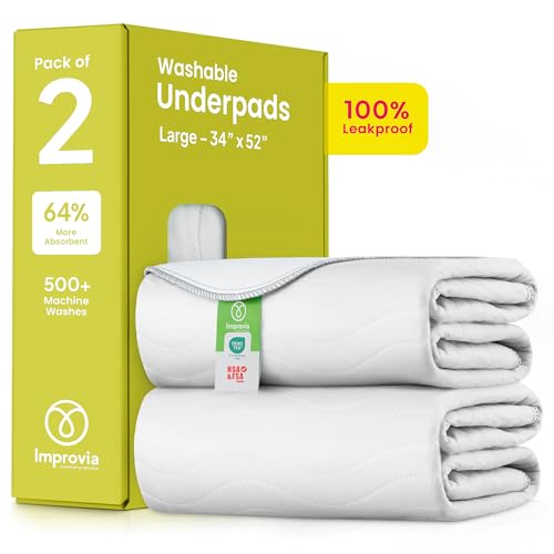 Image of IMPROVIA Washable Underpads, Heavy Absorbency Reusable Incontinence Pads for Kids, Adults, Elderly, and Pets - Waterproof Protection Floor White & White (2 Pack - 34x52)