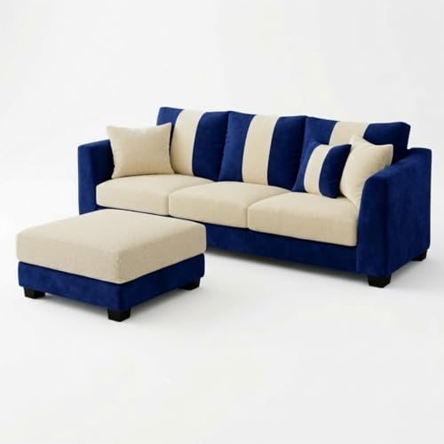 Image of Revo 4 Seater L Shape Sofa Set with Movable Ottoman | Flexible Left or Right Layout | Luxury Velvet Suede Fabric | Modern Living Room Sofa | Dark Blue-Cream