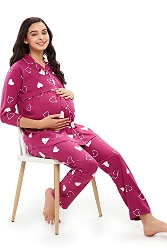 Image of ZEYO Women's Cotton Heart Printed Maternity & Feeding Night Suit Set Of Top & Pajama Set Nursing Night Dress 5634