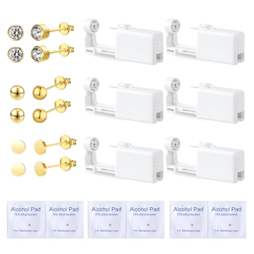 Voarge 6 Stück Ohrlochstechpistole Einweg-Steril-Sicherheits-Ohrnasen-Piercing-Pistolen-Kit Schmerzfreies Selbst-Piercing-Werkzeug mit Ohrstecker-Asepsis-Pierce-Kit Gold 3