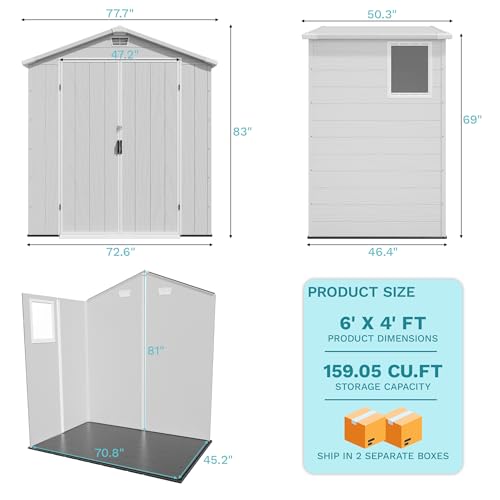 Image of Devoko 6x4 FT Plastic Storage Shed, Outdoor Resin Garden Shed with Floor, Durable Tool Storage Shed with Lockable Door and Window for Patio, Garden, Backyard, Light Gray