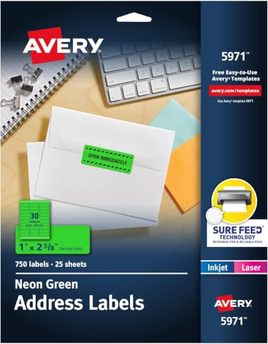 Image of Avery Neon Green Address Labels, 1 x 2-5 /8 inch | Printable | Sure Feed Technology | For Laser Printers | 750 Labels, Pack of 5
