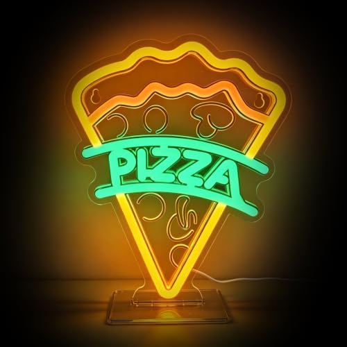 Image of Pizza Neon Sign, Type-C & USB Powered Neon Lights with Base Stand | Food Neon Signs for Kids Bedroom, Game Room, Kitchen, Desk & Wall Art, Aesthetic Room Decor Gift, Hooks Included