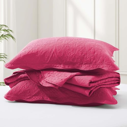 IR Imperial Rooms Queen Quilt Bedding Set Size (90" x 96") + 2 Pillow Shams (20" x 26"+ 2") - 3 Pcs All Season Lightweight Reversible Microfiber Coverlet Floral Embossed Quilt Bedspread (Pink)