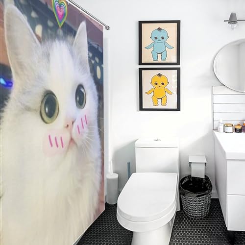 Rideau de douche chat mignon anti-moisissure en tissu lavable et imperméable