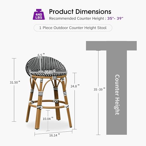 Image of PURPLE LEAF Patio Oversized Backrest Counter Height Stool Set of 1 Outdoor Round Barstools Aluminum Frame in Bamboo Finish Woven Rattan for Indoor Kitchen Dining Bistros Cafe Restaurant Black