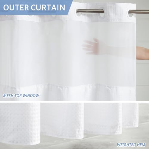 Image of Furlinic Extra Long Waffle Weave No Hook Shower Curtain with Snap in Liner,Heavy Duty Textured Fabric Bathroom Curtains,Hotel Style with Mesh Top Window,Waterproof & Machine Washable,White,71x96.