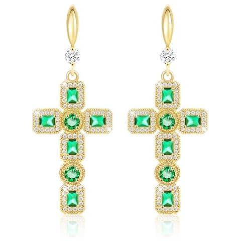 Linawe Imitation Diamond Emerald Green Cross Dangle Earrings for Women, Hypoallergenic Gold Rhinestone Dangling Drop Earrings, Sparkly Cubic Zirconia Dangly Hanging Earrings Cover